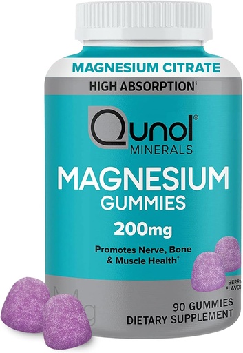 [BRSRMBIZCUORQALO] Gummies de magnesio qunol para adultos, 200 mg Magnesio Elemental (a partir de 1,750 mg Citrato de magnesio), Suplemento de magnesio de alta absorción, soporta Nerve, Bone y Muscle Health, Vegetariano, 90 Condes