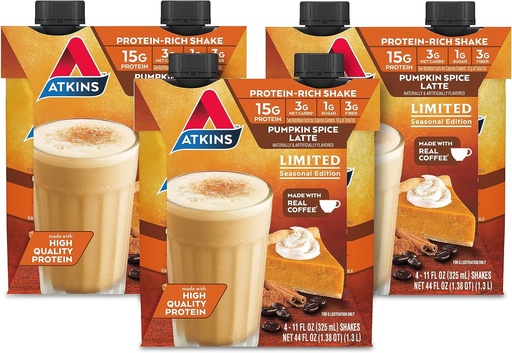 [BRSROZYQCUGQMD3A] Atkins Pumpkin Spice Latte, 15 g białka, 3g węglowodanów netto, 1 g cukru, niska glikemia, Keto Friendly, 12 Hrabia