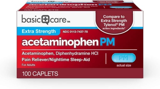 [BRSWGZQYCMMG2H3P] Atención básica Acetaminophen PM, Pain Reliever Plus Nighttime Sleep Aid Caplet