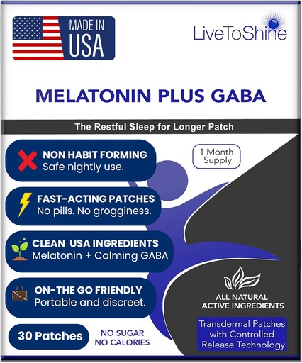 [BRSWGAILC57BEHTA] Live To Shine Melatonin Patches for Sleep - Plus GABA to Calm Busy Brains Fast - Perfect Combo for Men and Women - Slow Release - 30 Patches - USA Made