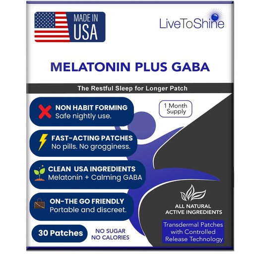 [BRSWGAILC57BEHTA] Live To Shine Melatonin Sleep Patches with GABA - 5mg Melatonin + 5mg GABA for Calm, Restful Sleep -12-Hour Slow Release Transdermal Patch - 30 Patches - No Pills or Gummies