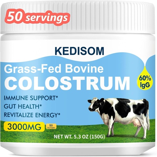 [BRSRAFL5BYMRYDTK] GrasG-Fed Bovine Colosrum suplementari a Powder - Alt 60% IgG 3000 mg for Gut Sanitat, Imne support - Fàcil de barrejar el Colorum Natural, Unflared, 50 Servotings