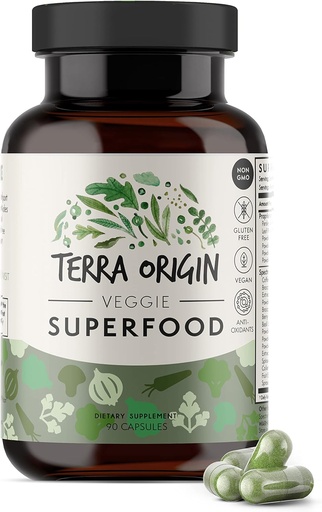 [BRSW2CQDOUAQKFL5] TERRA ORIGIN Veggie Superfood Supplement | 90 Veggie Capsules | Non GMO, Gluten Free, Vegan, and Made in USA | Natural Antioksi for Yetişkinler