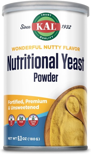 [BRSWKGQ5BYBAYEDY] KAL Nutritional Yeast Powder, Fortified with B6, B12, Folic Acid and Other B Vitamins, Premium and Unsweetened, Great Nutty Flavor, Vegan, Gluten Free, Non-GMO, 60-Day Guarantee, 20 Servings, 6.3oz