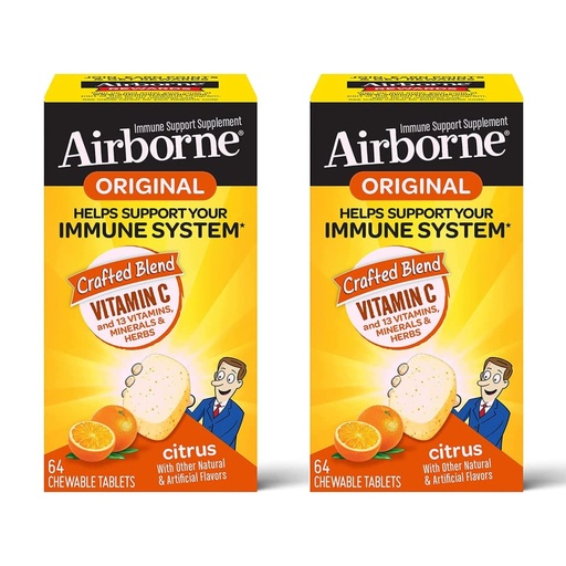 [BRSW2CABB4MRODLG] Airborne Vitamin C 1000mg (per Serving) - Citrus Chewable Tablets (64ct/Box), Gluten-Free Immune Support Supplement, Vitamins A C E, ZINC, Selenium, Echinacea, Ginger, Antioxidants (2-Pack)