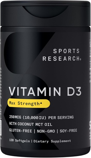 [BRSWYFAFC4IAEDY4] Sports Research 10 000 iu Витамин D3 Addition with Organic Coconut Oil - Витамин D for Strong Bones & Имунно здраве - Подкрепете Калциевата абсорбция - Non-GMO - 250mcg, 120 Mini Softgels за възрастни