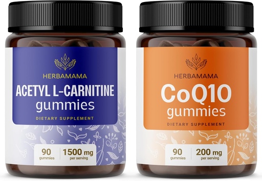[BRSRAGA6OAFROCT2] HERBAMAMA L- karnitinas ir CoQ10 Kit - 500 mg acetil L- karnitino ir 200 mg kofermento Q10 Gummies - Vegan, Non- GMO, be želatinos - 2 pakuotėje