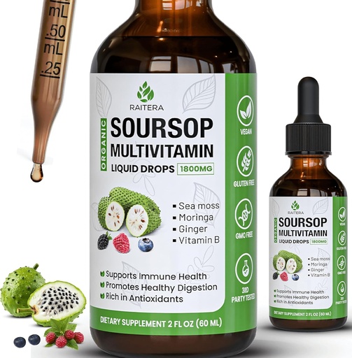 [BRSRAAQCAEBRYDTJ] Soursop Graviola Multivitamin Liquid Drops 1800mg, Organic Soursop Bitters Liquid, Antioxidant Blend Sea Moss, Vitamin B6, C, D3, Pure Leaf Extract, Immunity Support, 98% Absorption, Vegan, 2fl oz