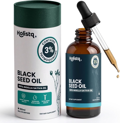 [BRSRAGL7BUCGEC3L] Holistiq 黑种子 油有机冷压滴 | 3% Thymoquinone | Non-GMO & Vegan |  Cold 冷压 黑 Cumin Nigela Sativa 油 支持免疫, Aceite de Comino Negro - 滴水, 100毫升