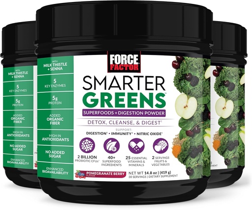 [BRSW2AL7OIDQE33V] Fator de força Verdes mais inteligentes Superalimentos + pó de digestão, 3-Pack, Verdes Pó com 2 Bilhões de Probióticos, Enzimas Digestivas e Antioxidantes para Detox, Limpar e Apoiar Imunidade, 90 Servimentos