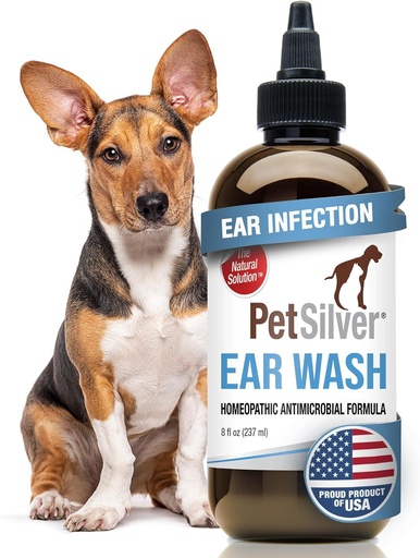 [BRSWKZA6CQGREAIV] PetSilver Dog Ear Cleaner Solución - Gentle Ear Wash para cans e gatos con Prata Chelado - Otic Rinse Formula Targets Wax Buildup, Odor Smelly e Itchy ou áreas irritadas - Made in USA - 8 fl oz