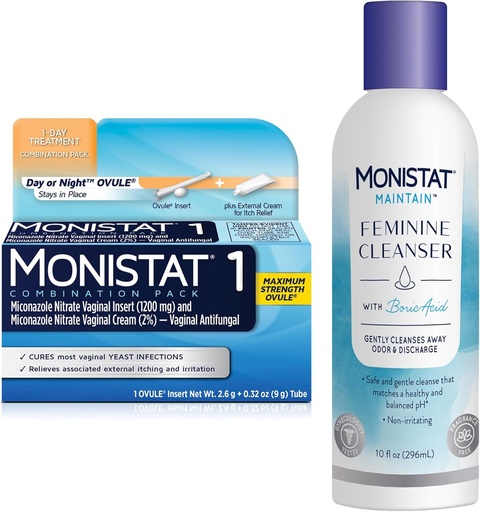 [BRSWYBL7AABA2GTZ] Monistat 1 Día Tratamiento de la Infección de la Levadura para Mujeres, 1 Miconazol Ovule Insertar &amp; Monistat Externo Anti-Itch Cream Bundle + 10 fl oz Boric Acid Feminine Cleanser