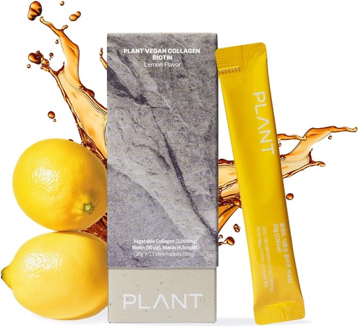 [BRSRAZY2CBYWAG3V] PLANT Vegan Liquid Collagen, Biotin, Niacin | 2,000mg Hydrolyzed Collagen Peptides | Kosher & Halal Certified| Lemon Flavor| Skin, Hair & Nail Support| 363Da Ultra Low Molecular |15 Stick Packs