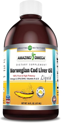 [BRSWIBATOEIGGAIV] Amazing Omega Norwegian Cod Liver Oil 16 Oz 473 ml Supplement | Lemon Flavor | Extracted Under Strict Quality Standards from Around The Waters of Norway | Non-GMO | Gluten Free