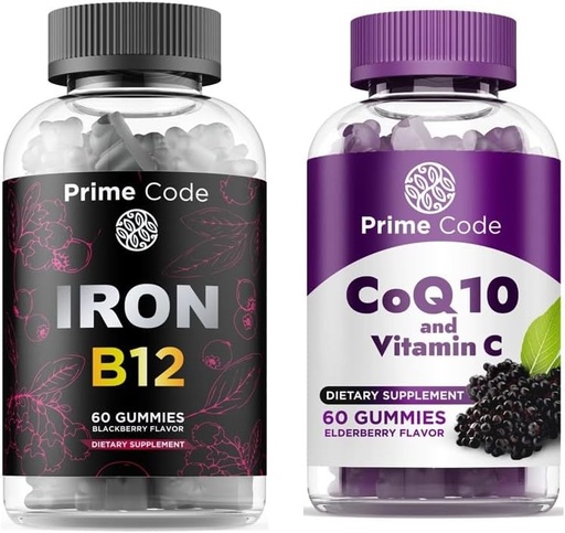 [BRSRAZD6O54AGGY6] Code Prime Gommies de fer pour les femmes et les hommes avec vitamine B12, [2 sur 1] CoQ10 200mg et vitamine C 250mg Gommies