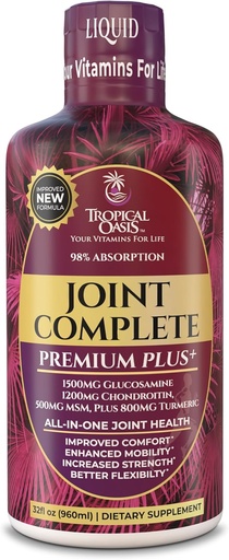 [BRSWIYYMOJ4Q2HTC] Joint Complete Premium Plus - Liquid Joint Supplement w/Glucosamine, Chondroitin, MSM Plus 800mg Turmeric – 98% Max Absorption – 32oz, 32 serv