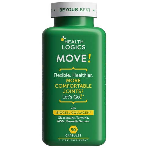 [BRSWYAD4BN6WG2DK] Health Logics Move! Healthy Joints with BioCell Collagen, Glucosamine, MSM, Vitamin C, Turmeric Extract 95% Curcuminoids, Boswellia Serrata | Support Joint Comfort | Non-GMO | 90 Capsules