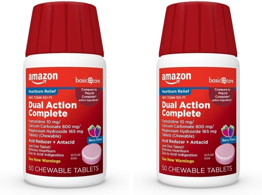 [BRSRAGT7CMOQ2DTD] Basic Care Dual Action Complete, Chewable Acid Reducer Plus Antacid Tablets, Berry flavor, Heartburn Medicine, Acid Indigestion Relief, 50 Count (Pack of 2)