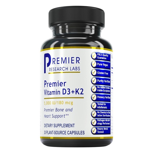 [BRSWYHD7OEMGYGQY] Premier Research Labs: Vitamin D3 + K2 Supplements - for Bone Support and Promotes Heart Health, Gluten-Free - 5000 IU Vegan Supplements - Tested Quality | 30 Plant-Source Based Capsules