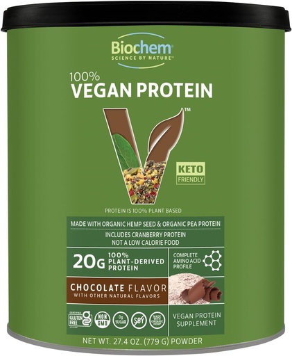 [BRSWIGL3AJYGKEDY] Biochem 100% Vegan protein, přírodní aminokyseliny, gluten Free, Keto, non syrovátka, Pea & Hemp protein prášek pro ženy a muže, 24 Servings 2 LB (Čokoláda)