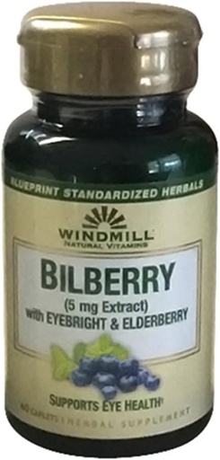 [BRSWIB32OR7REG36] Moinho de vento Bilberry 5 mg Caplets Extract, Com Eyebright & Elderberry Suporta saúde ocular, 60 Ea