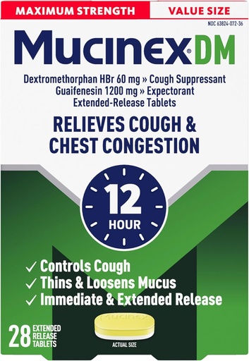 [BRSWIYQ7PN5AY3DY] Mucinex Cough Suppressant og Forventerant, DM Maksimum styrke 12 timers tabletter, 28ct, 1200 mg Guaifenesin, lindrer bryst kongestiv, stillhet våt og tørr cough, #1 lege anbefalt OTC Forventning