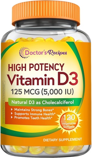 [BRSWYAD4CAAR6CAV] Vitamina D3 5000IU, Supporto Immune per Bones, Teeth e Funzione Immune, Non OGM, No Gelatin, Gluten o Soia, 120 Softgel vegetariani