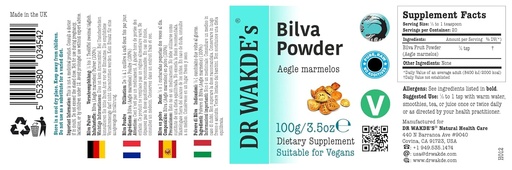 [BRSWI2T7A4EBWE3Y] DR WAKDE'S Bilva Fruit Powder (Bael Fruit ← Aegle Mermelos) - 100g (3.5oz) ← Pure, Raw &amp; Dried Powder ← Ayurvedic Herb ← Vegan ← Nada Añadido, Nada eliminado Silencio