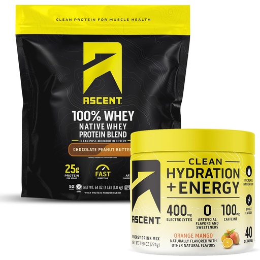 [BRSRA2QCOQIR4AL7] Ascent 100% Whey Protein Powder, Chocolate Peanut Butter 4 lb & Hydration + Energy Electrolytes, Orange Mango 40 Servings