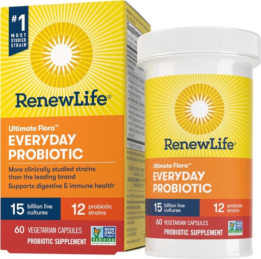 [BRSWIZT3B54AO2D6] Renew Life Everyday Probiotic Capsules, Daily Supplement Supports Urinary, Digestive and Immune Health, L. Rhamnosus GG, Dairy, Soy and gluten-free, 15 Billion CFU, 60 Count
