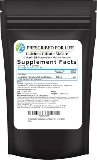 [BRSWKGYABQDBU2DK] Prescribed for Life Calcium Citrate Malate, Pure Vegan Calcium Powder, Easy Absorption Formula, Non GMO, Filler & Additive Free (340g)