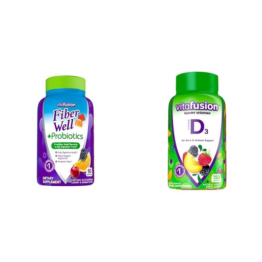 [BRSRAYYYCABGOFD6] Vitafusion Fiber Well + Probiotics Gummies for Adults, 60 Count Vitamin D3 Gummy Vitamins, Peach, BlackBerry and Strawberry Flavored, 50 mcg Vitamin D, 150 Count