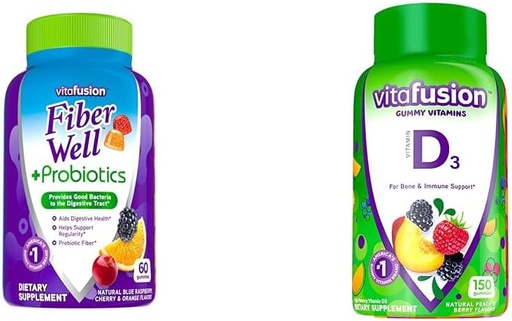 [BRSRAYYYCABGOFD6] Vitafusion Fiber Well + Probiotics Gummies for Adults, 60 Count Vitamin D3 Gummy Vitamins, Peach, BlackBerry and Strawberry Flavored, 50 mcg Vitamin D, 150 Count