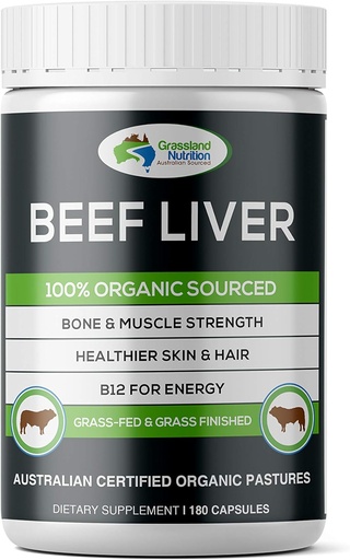 [BRSWYZQFAUIW23I6] Grassland Nutrition Grass Fed Beef Liver 100% Organic Sourced — Natural B12 for Energy, Iron & Vitamin A (180 Capsules)
