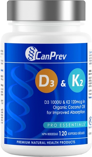 [BRSWIAQ4DN4BQALO] CanPrev D3 & K2 Vitamins 120 Softgels, 120-Day Supply, 1000IU Vitamin D3 & 120mcg K2, Supports Strong Bones, Teeth & Heart Wellness, Easy-to-Absorb with Organic Coconut Oil, No GMO, Gluten, Soy, Dairy