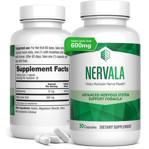 [BRSWYZT3DMHAO3DL] Nervala - Alpha Lipoic Acid 600mg - ALA Supplement Antioxidant for Nerve, Energy & Circulation Support- Extra Strength with Benfotiamine - Made in USA, Lab Tested - 30 Capsules, 1 Month Supply