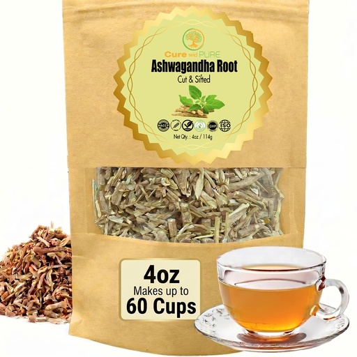 [BRSRAAITCB6GKCLF] Cure wid Pure Certified Organic Ashwagandha Root Tea | Cut & Sifted 4oz Non-GMO Non-Irradiated Ashwagandha Tea for Women & Men Adaptogenic Wellness | Withania Somnifera for Herbal Infusion & Capsules