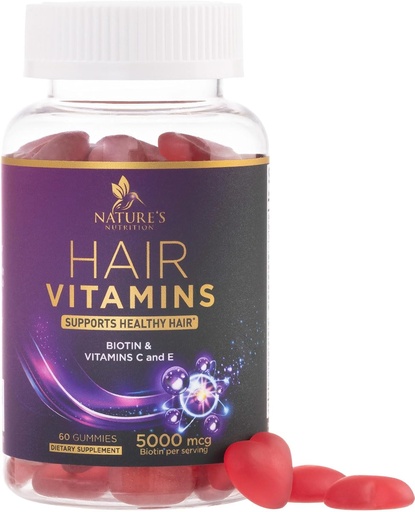 [BRSWYY34DN4BG2AY] Vitaminas para el cabello Mangas con Biotina 5000 mcg - Más fuerte, cabello radiante, piel &amp; uñas Suplemento - Vitamina E &amp; C, Crecimiento del cabello Apoyo Vitamina para Hombres Mujer, No GMO & Gluten Gratis - 60 Gummies