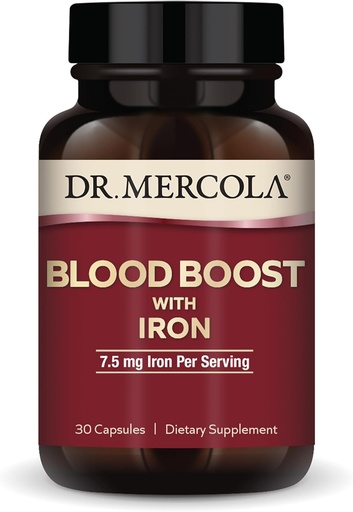 [BRSRAYIPCIPWKC34] Dr. Mercola Blood Boost with Iron, 30 Capsules 7.5 mg Iron, Non-GMO, Gluten Free, Soy Free
