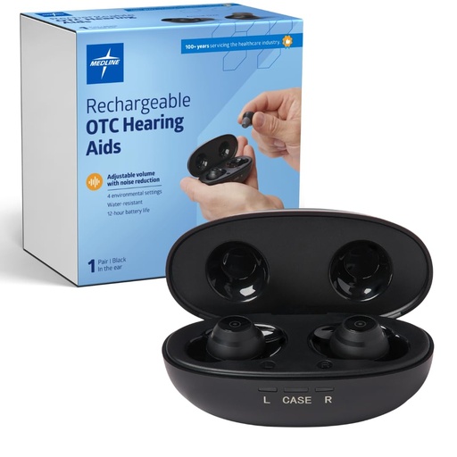 [BRSROGIQOUOWGHY4] Medline Rechargeable OTC Hearing Aids, Black, in-The-Ear, 4 Environmental Settings, Water Resistant, Adjustable Volume, Mild to Moderate Hearing Loss, Noise Reduction, Earbud Hearing Aids