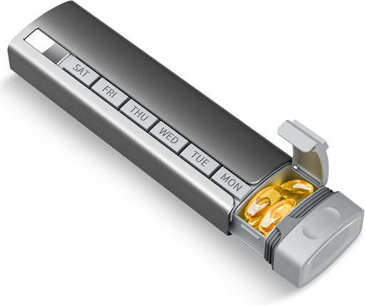 [BRSROHA2CJ5QK2DD] Organisateur de pilules de voyage hebdomadaire, 1 fois par jour, Mise à niveau de l'alliage d'aluminium premium Pill Daily Box 7 Day, Portable Metal Pill Case, porte-pilule mignon pour tenir les vitamines, médicaments, pilules, suppléments (Grey)