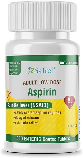 [BRSWYBQFDMGQ23LF] Safrel Generic Bayer Baby Aspirin 81 мг (500 Ефірні покриття таблеток) Дорослий Low Dose Міцність Сейф Біль Надух (NSAID) для Minor Aches Значення пакет