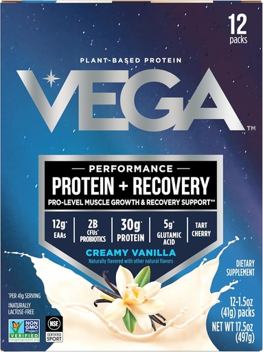 [BRSWKZANPIABY2TE] Vega Protein + Recovery - 30g Plant-Based Protein per Serving, Vanilla, 12 x 1.6oz Sachets, 5g BCAAs, Probiotics, NSF Certified, For Shakes & Smoothies, (Packaging May Vary)