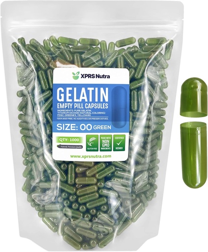 [BRSWGCA6BB7RM33L] XPRS Nutra Size 00 Empty Capsules - 1000 Count Empty Gelatin Capsule - Pillole DIY Capsule Filling - Fillable Pill Gel Caps per Do-It-Yourself Supplements (Green)