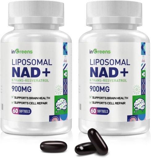 [BRSROYL3DFYQOFL2] 900 mg Liposomal NAD+ Suplemento con Resveratrol Trans 300 mg, reemplaza NMN, Absorción Superior, Verdadera NAD Plus Suplemento para Reparación de ADN y Boost NAD+, Defensa del envejecimiento, Energía, 120 Softgels, 2 Pack