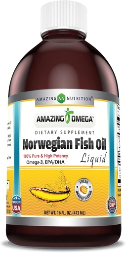[BRSROYD5BABR6FL5] Amazing Omega Norwegian Fish Oil 16 Oz Supplement | 1625mg Omega -3s, DHA, EPA per Serving | Fresh Orange Flavor | Non-GMO | Gluten Free