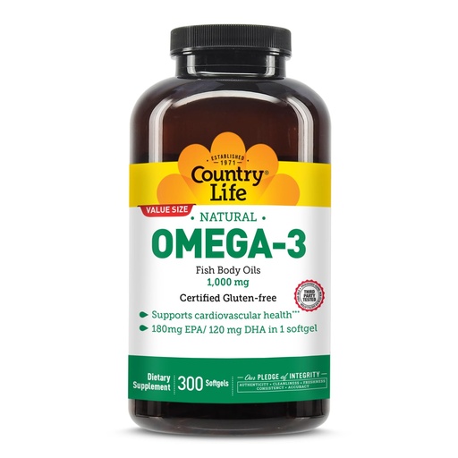 [BRSWIYYAOAGBM3LI] Country Life Omega-3 Fish Oil Supplement, 1000mg, 180mg EPA & 120mg DHA, Fish Oil Concentrate, Burpless, 300 Softgels, Certified Gluten Free