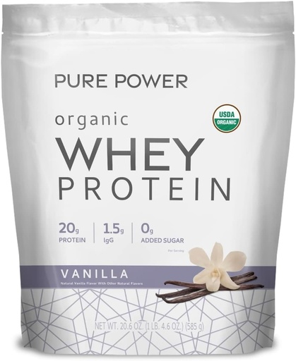 [BRSW2ZYRBABA2YIU] Dr. Mercola Pure Power Organic Whey Protein - 20 g Protein - Understøtter muskelvækst & energi - Græs- Fed Whey koncentrat - 15 Servere (20.60 oz) - Vanilla