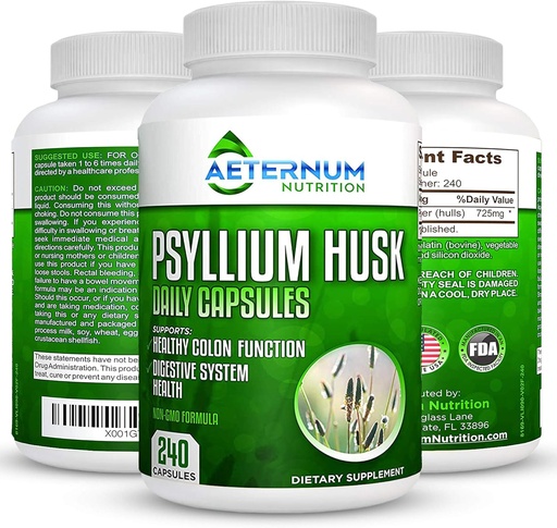 [BRSWGYIYAF7WYGQ2] Aeternum Psyllium Husk Caps USA Made - Premium All Natural Fiber Supplement - 240 Husk Powder Caps 725 Mg per Serving, Supports Healthy Digestive System - All Natural 100% Soluble