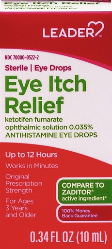 [BRSWYBINCQOQAFLH] LEADER Sterile Eye Drops for Eye Allergy & Itch Relief, Ketotifen Antihistamine Solution 0.035%, Works in Minutes, up to 12 Hours, Prescription Strength 0.34 oz